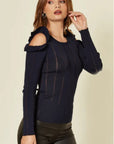 Frilled Cold Shoulder pointelle stitch top (Navy)