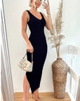 Sleeveless Ribbed Knit Bodycon Dress with Side Split in Black