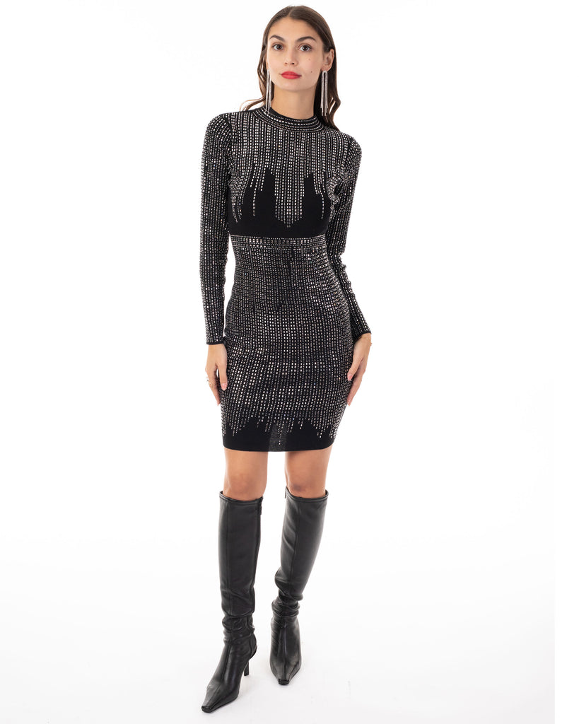 Long Sleeves Diamond Sequin short Dress in Black