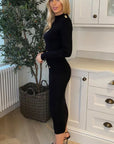 Long sleeves top with buttons design and midi skirt co-ords suits in black