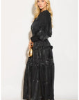 Silky feeling organza midi dress with ruffle design on sleeves and skirt hem in Black