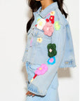 Statement Denim Jacket with Hand-Crochet Floral Appliqué