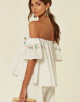 Off shoulder multicolor tasseled trim top (WHITE)