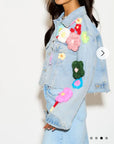 Statement Denim Jacket with Hand-Crochet Floral Appliqué
