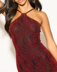 High-neck sleeveless metallic-knit with pattern print maxi dress in Red