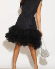 Stand collar shift dress with heavily gathered tiered mesh frills shirt hem design