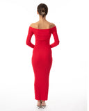 Soft Knit off the shoulder neckline long sleeves bodycon dress in red