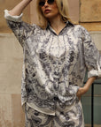 Vintage Toile Print Oversized Shirt & Wide-Leg Trousers Co-Ord Set