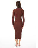 Brown color Soft knit long sleeves bodycon dress with blue line contrast design