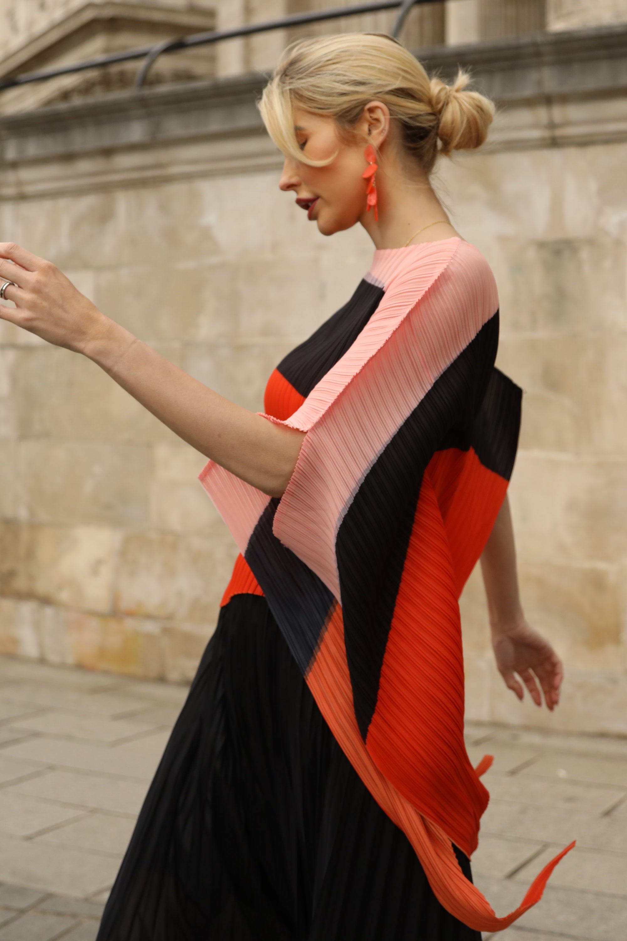 Orange Colour Block Pleated Top and Skirt Co-ords Suits