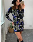 metallic gold trim Chain and Aztec Print Dress