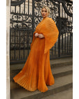Pleated long dress with organza pleated cape sleeves in Gold