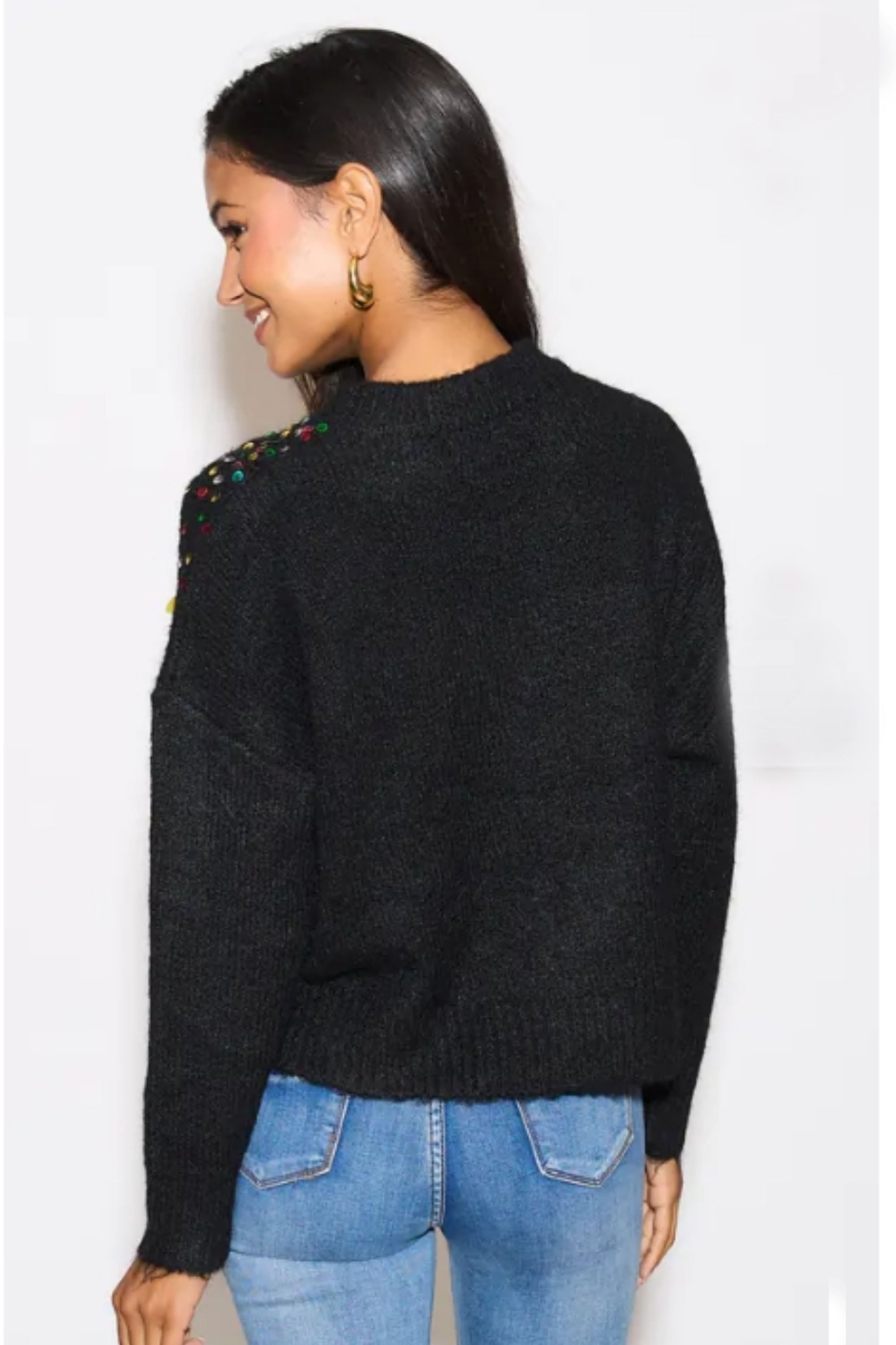 Multi color disco Sequin embellished design Soft knit jumper in Black