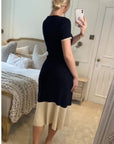 Soft Knitted Ribbed Midi Button down Bodycon Dress In Black Beige Contrast Design