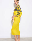 Yellow Leopard print color blocking Print Pleated Dress in Kimono sleeves