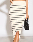 Knitted stripe print vest top and midi skirt co-ords set in beige