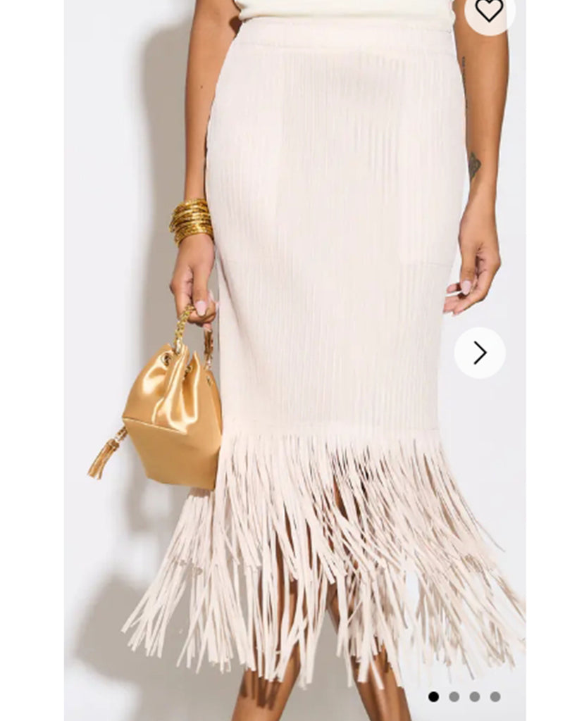 Pleated Midi Skirt with multi fringed tassel hem design in White