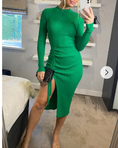 Soft Knitted Ribbed Midi Bodycon Side Split Tie up design Dress In Green