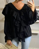 Front Frill detail long sleeves blouse top in black