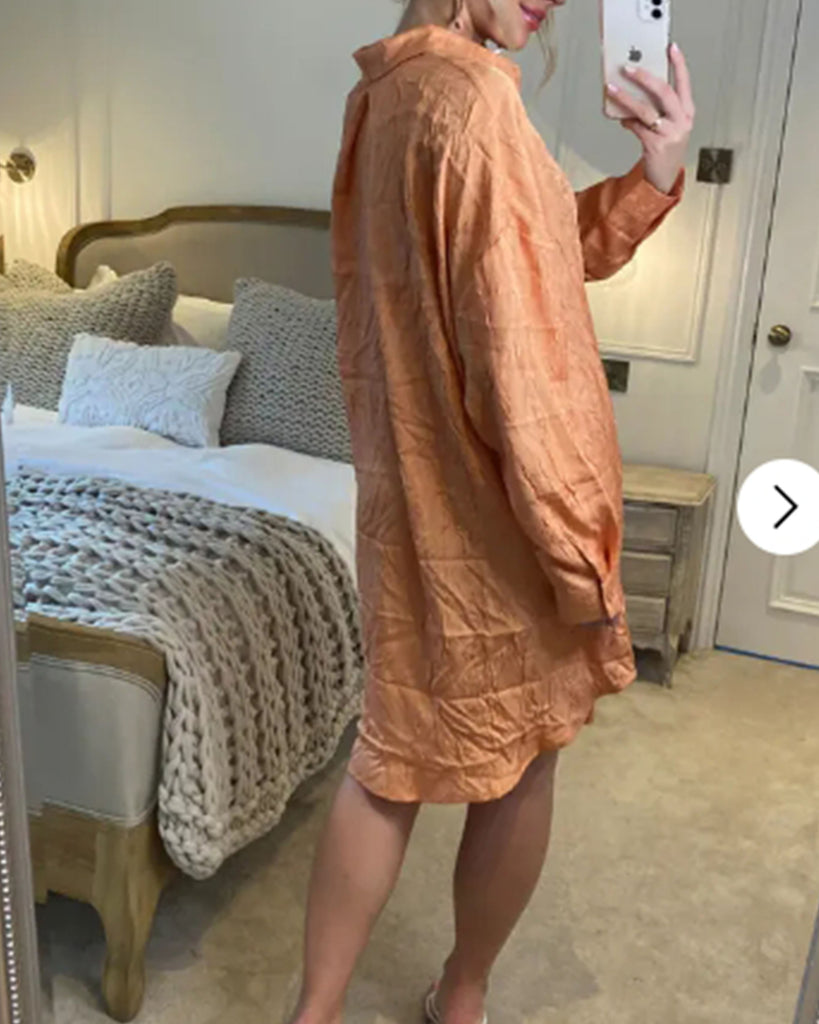 Oversized long shirt dress in textured jacquard design fabric orange color