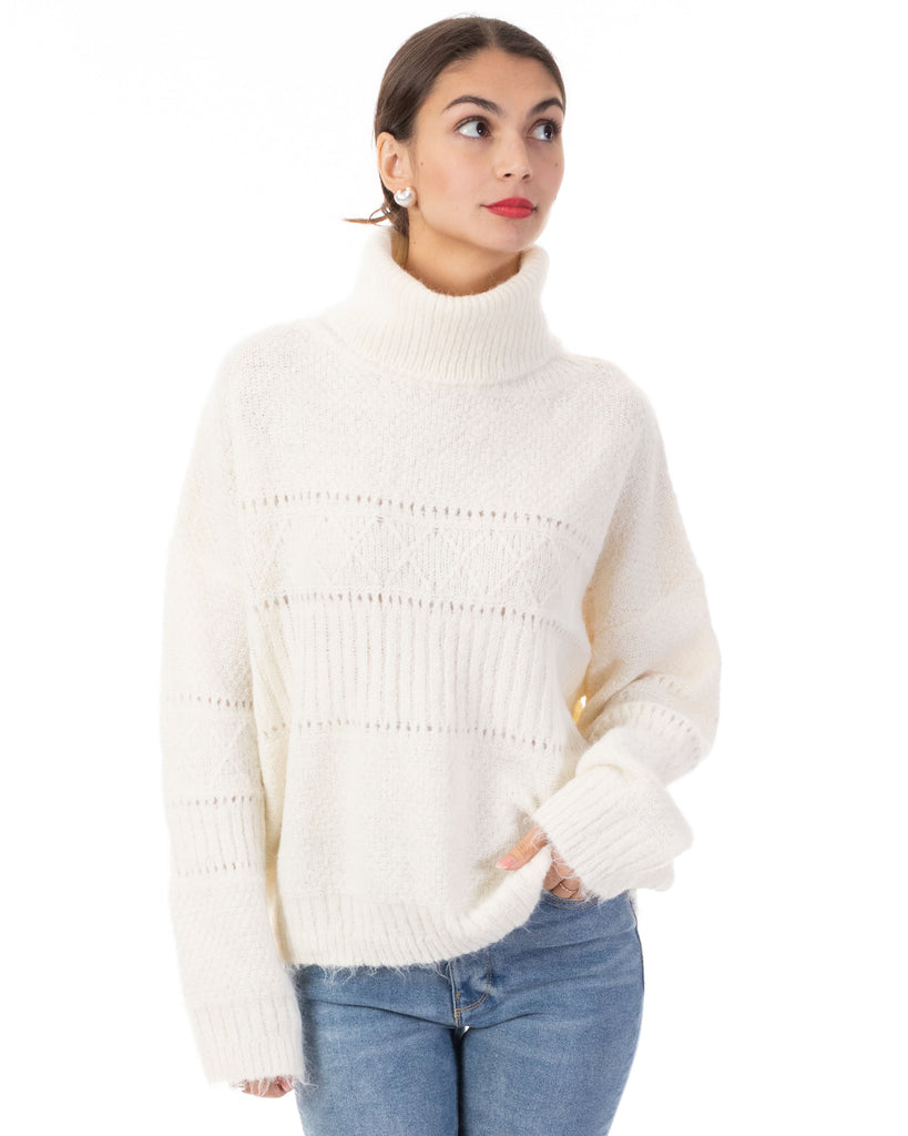 Relaxed-fit Roll- neck Jumper with open-work design in cream