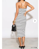 Knitted stripe print with straps design midi bodycon dress in white