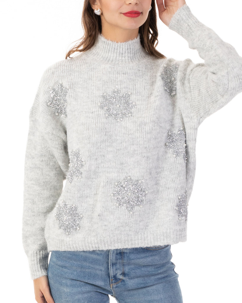 Metallic and Peals embellished snowflake pattern Soft knit Jumper in grey