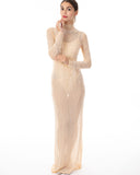 Multi Diamond and Pearls Embellished with Chain drop long sleeves dress in Beige