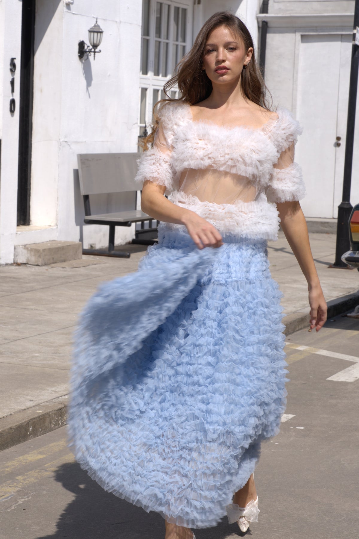 Statement Ruffle Tulle Pull-On Crop Top in White
