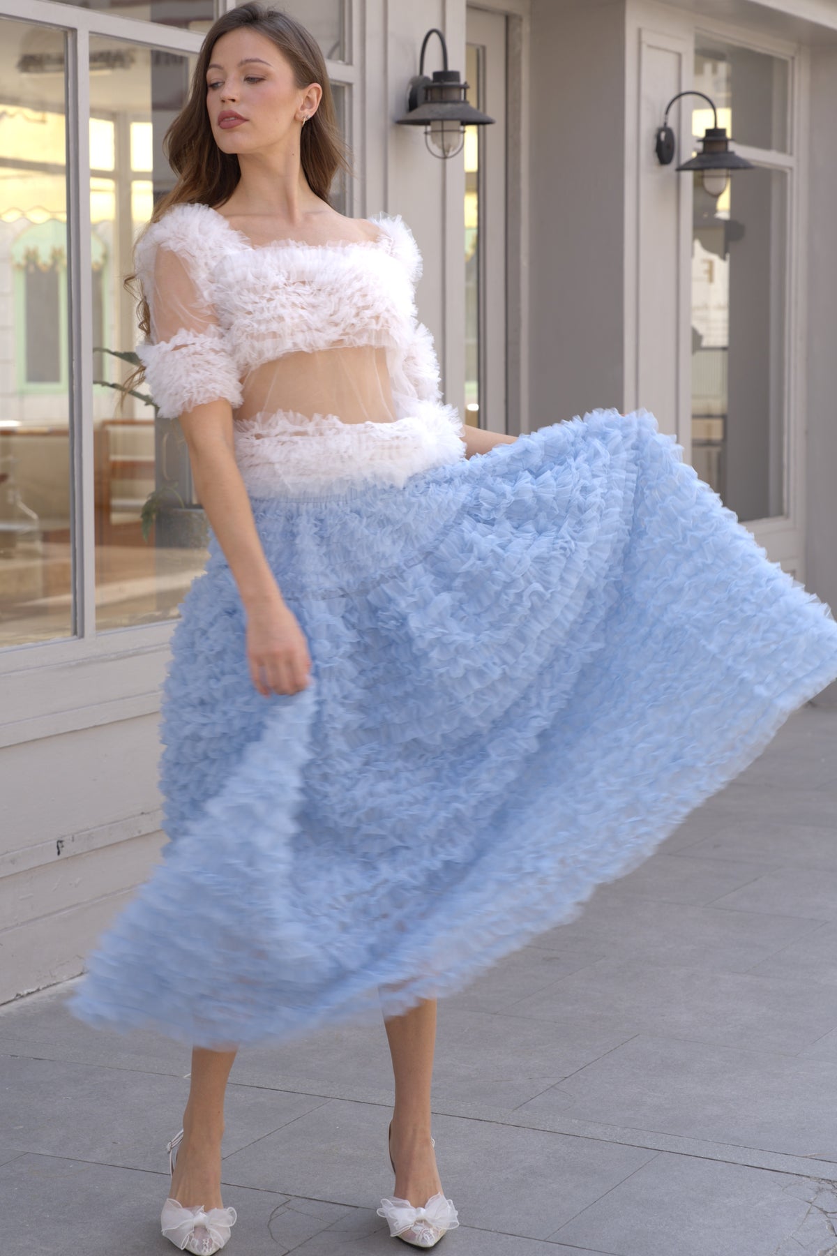 Statement Ruffle Tulle Pull-On Crop Top in White