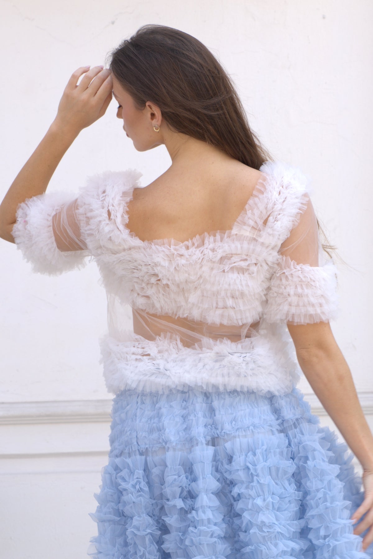 Statement Ruffle Tulle Pull-On Crop Top in White