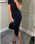 Soft cotton knit dress with collared and buttons down design in Black