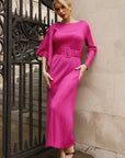 Pleated Maxi Dress with Statement Belt In Fuchsia Pink