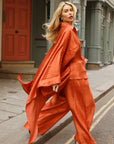 Sunset Satin Cape-Sleeve Shirt & Wide-Leg Trouser Co-Ord In Orange