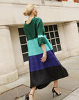 Multi-Colour Pleated Midi Dress With Adjustable Waist In Green