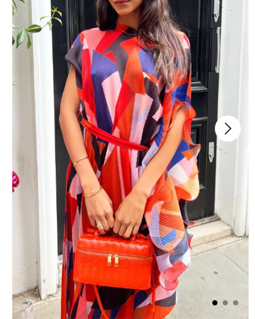 Aztec Print Pleated Dress in asymmetric sleeves design in Red