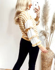 Multi layer ruffle sleeves yellow white color stripe jumper top