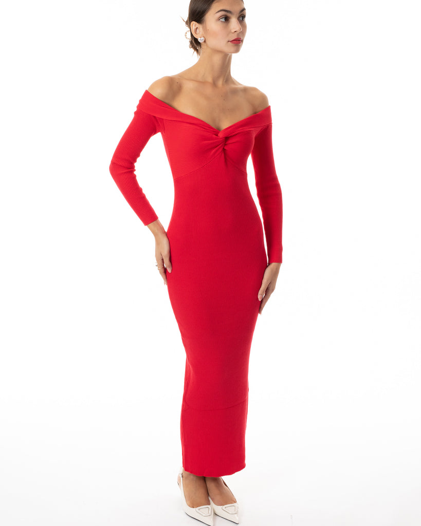 Soft Knit off the shoulder neckline long sleeves bodycon dress in red