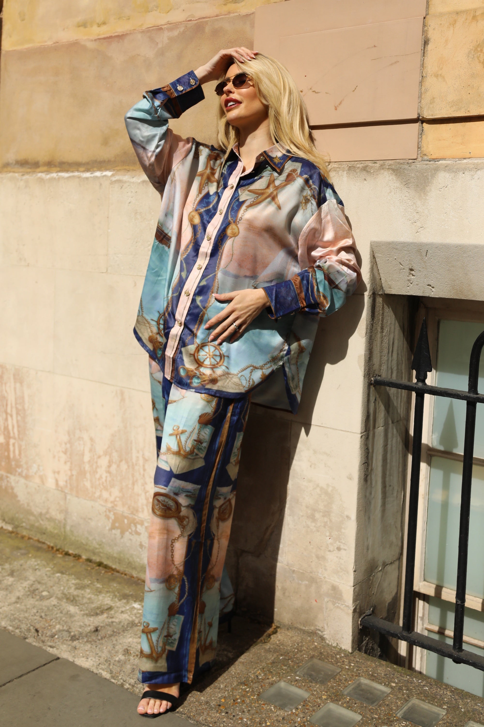 Ocean Treasure Print Relaxed Shirt &amp; Trousers Co-Ord Set In Blue