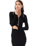 Soft knit long sleeves bodycon dress with blue line contrast design