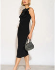 Knitted stretch cotton Bodycon midi dress with Camellias Brooches in black