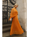 Pleated long dress with organza pleated cape sleeves in Gold