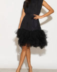Stand collar shift dress with heavily gathered tiered mesh frills shirt hem design