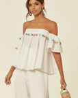 Off shoulder multicolor tasseled trim top (WHITE)