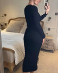 Long Sleeve Knit crop top with side lace up midi skirt co-ords in black