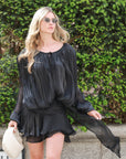 Silky satin feeling Cape sleeves design short dress in Black