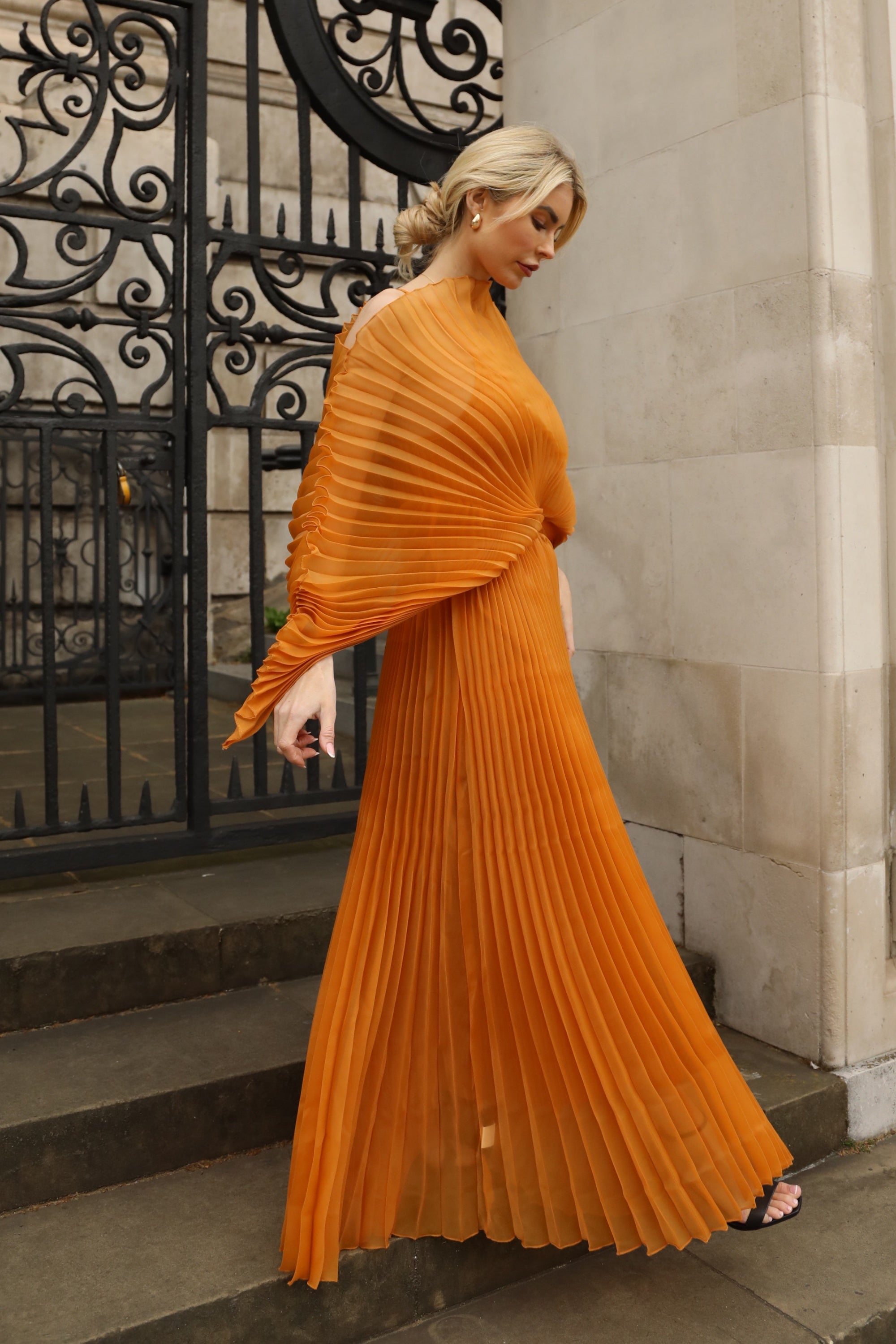 Pleated long dress with organza pleated cape sleeves in Gold