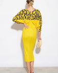 Yellow Leopard print color blocking Print Pleated Dress in Kimono sleeves