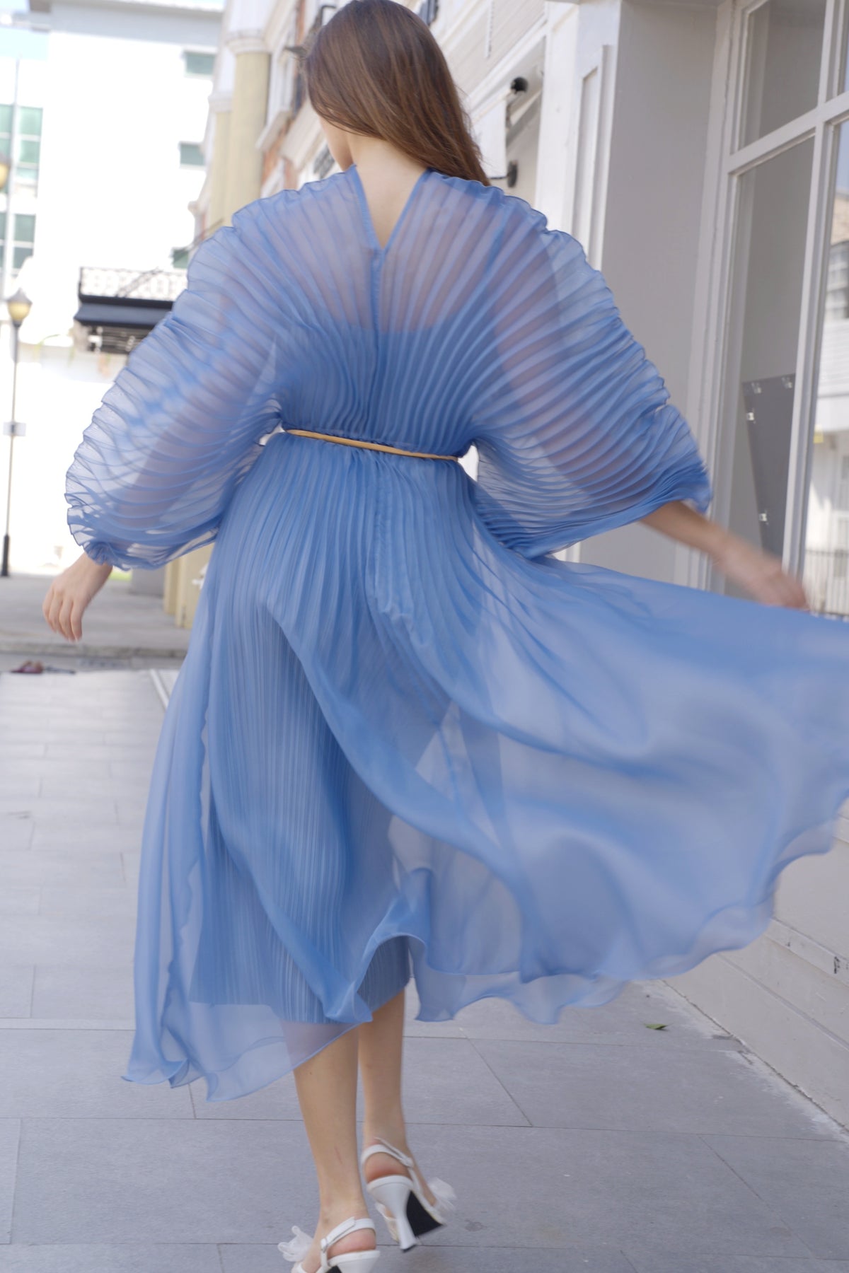 Floral Appliqué Pleated Organza Cape Midi Dress