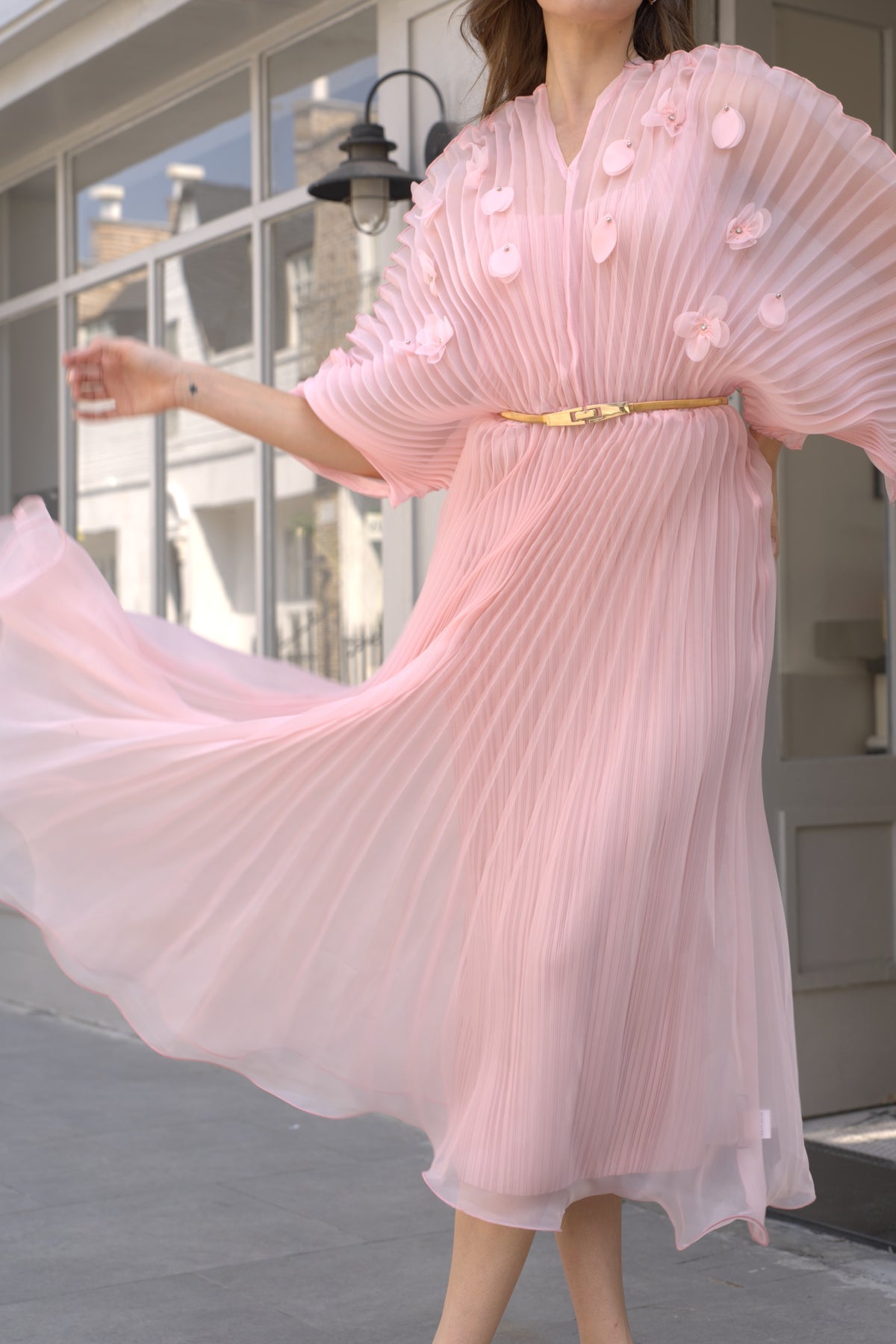 Floral Appliqué Pleated Organza Cape Midi Dress